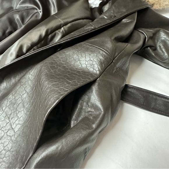 Vintage Long Leather Real Fur Collar Coat Dark Brown Womens Medium - Picture 6 of 12